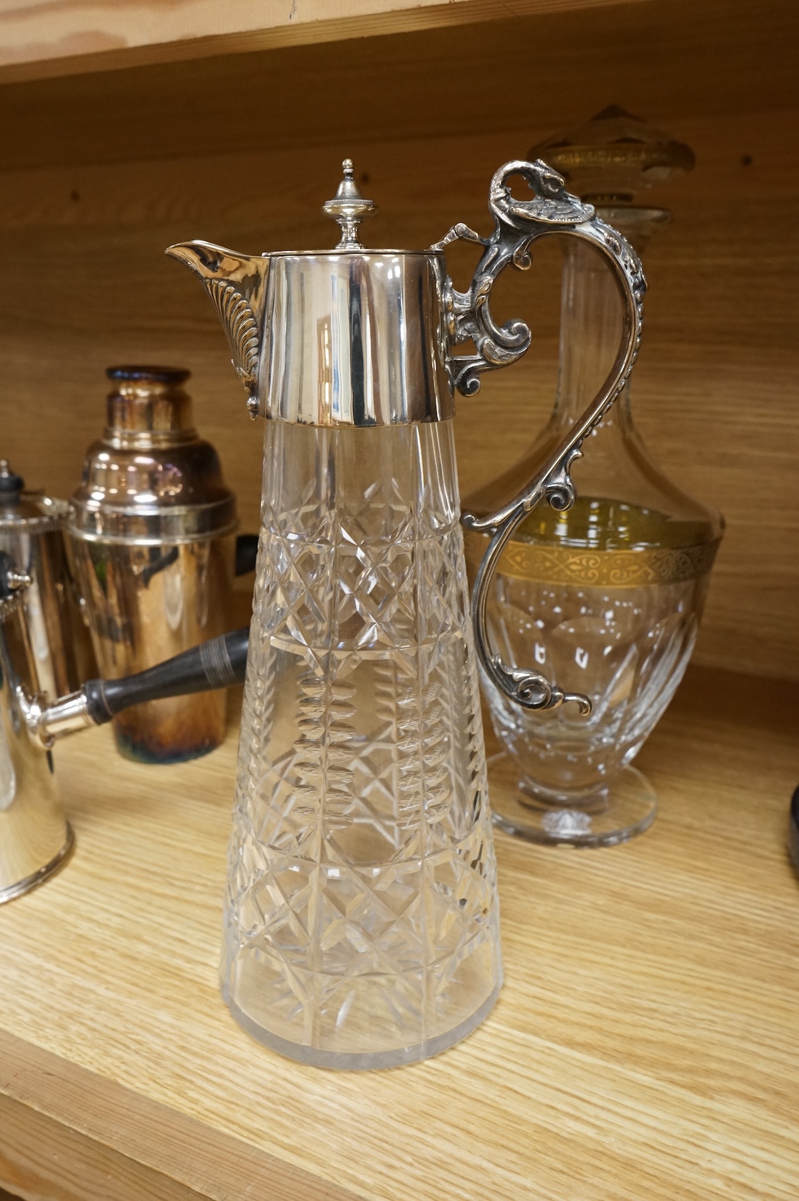 A Moser crystal glass decanter and stopper with gilt decoration and selection of plated items, largest 32cm high